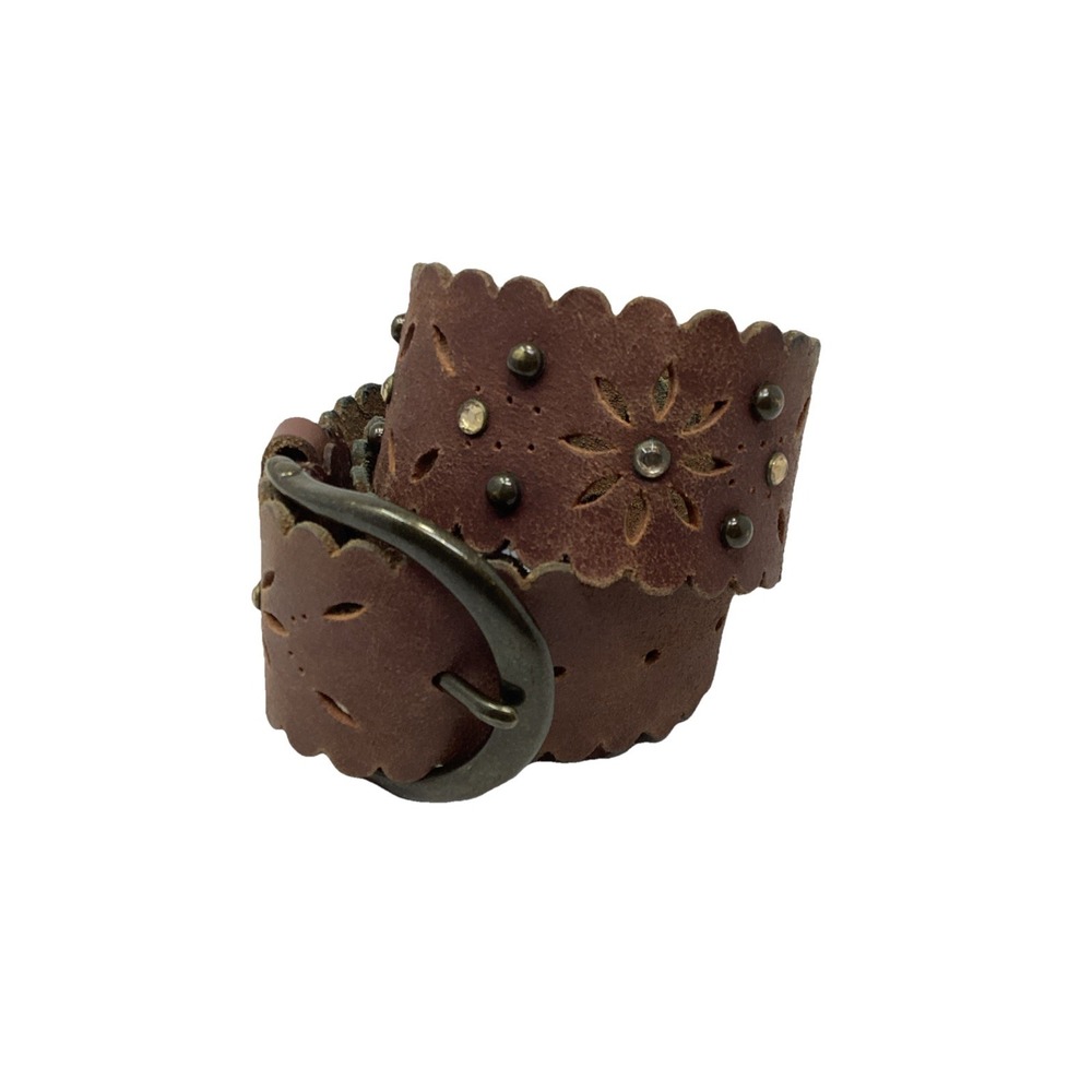 Vtg Express Brown Leather Belt Studded Floral Laser Cutout Buckle Med 40"